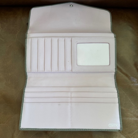 Coach Madison Op Art Dotted Wallet Signature Tri Fold Leather Canvas Khaki/Pink - Picture 3 of 4